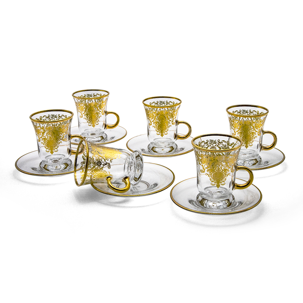 Gold Patterned Glass Tea Cup Set - 12pcs