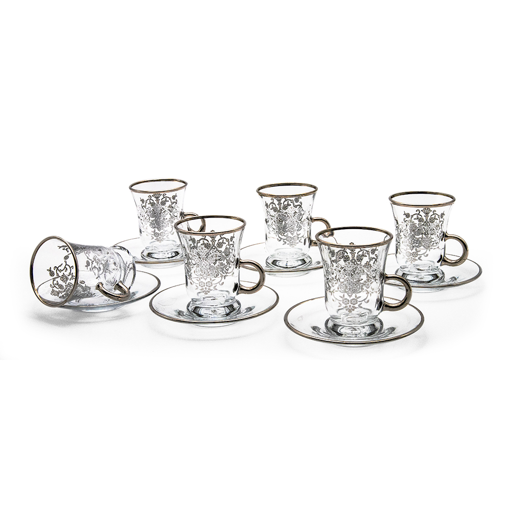 Silver Patterned Glass Tea Cup Set - 12pcs