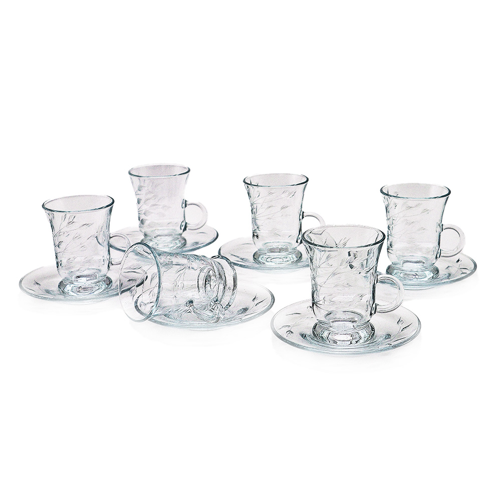 Engraved Glass Tea Cup Set - 12pcs